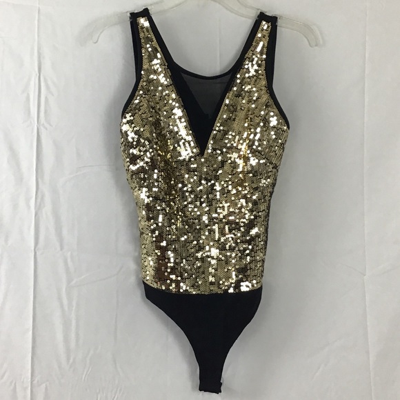 2B Bebe Tops - 2B Bebe Gold Sequins and Mesh Bodysuit